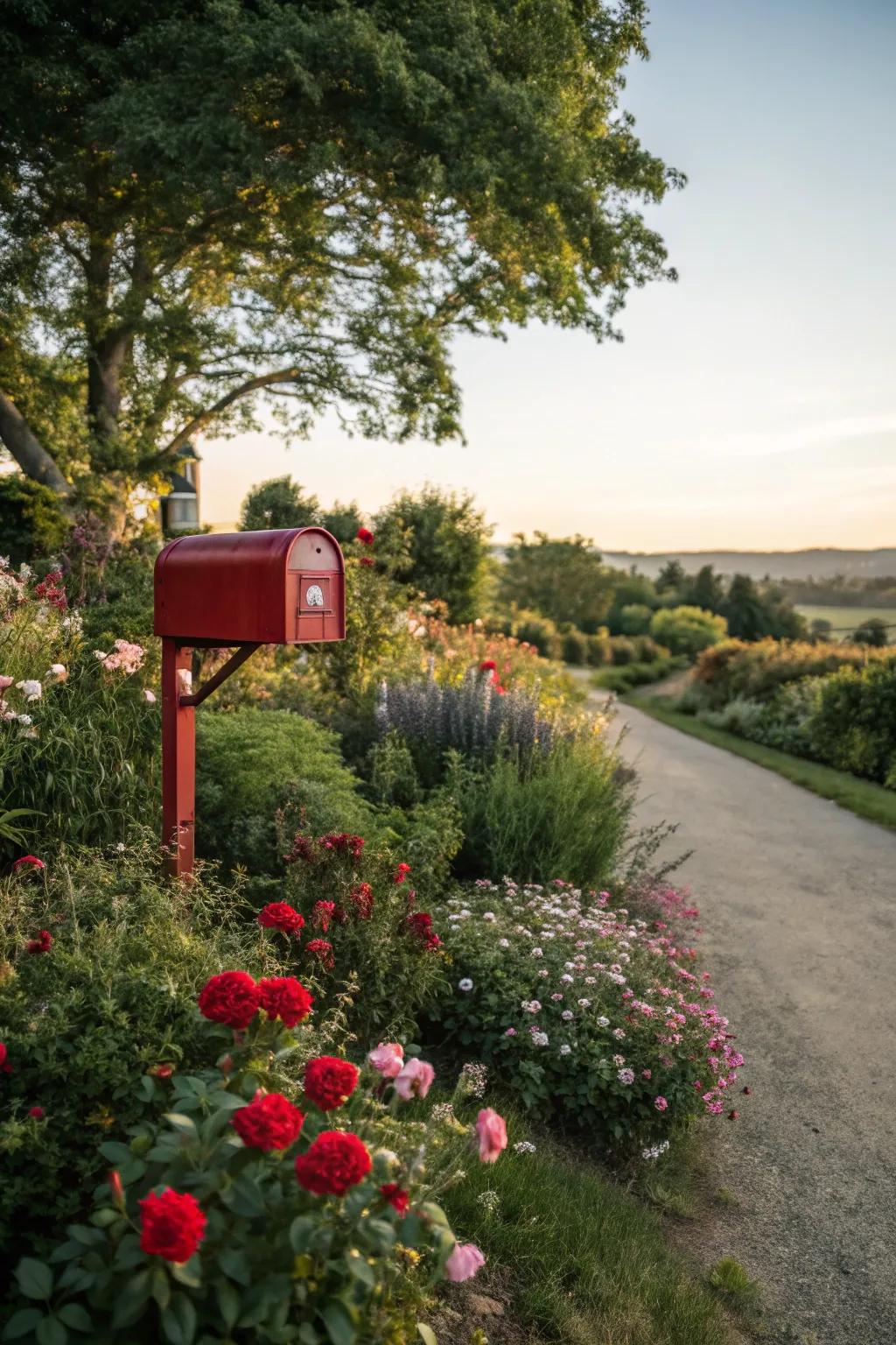 A vibrant flower bed transforms a simple mailbox into a focal point.