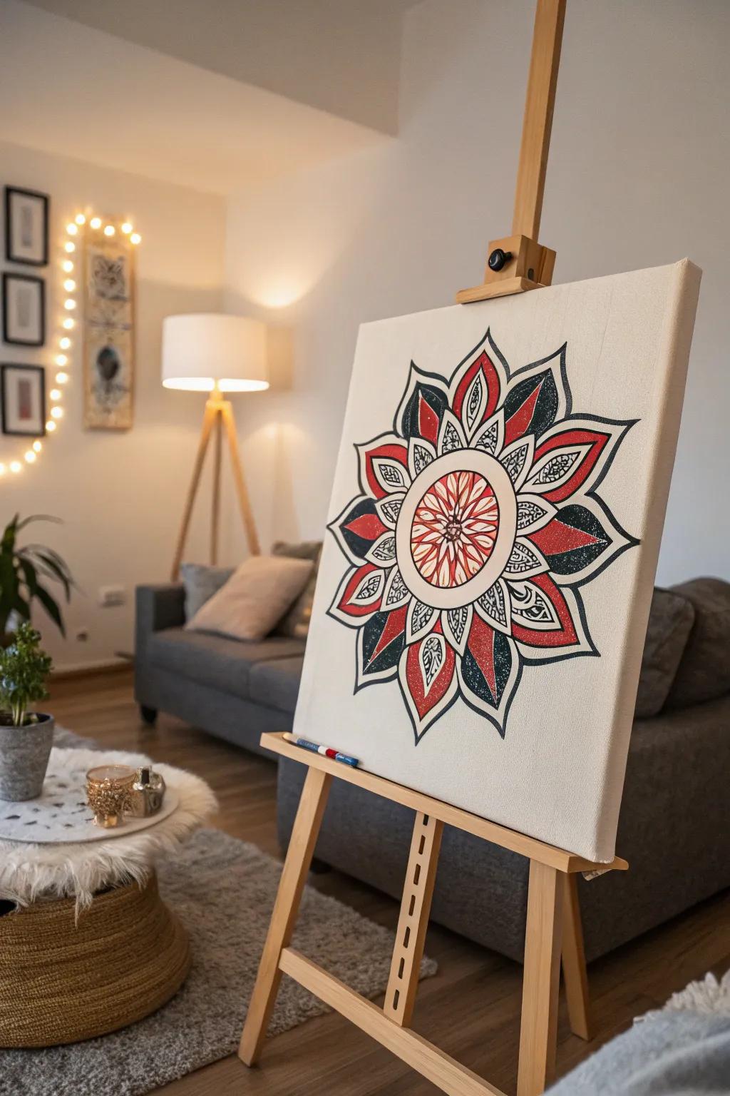 A simple mandala design with bold colors brightening up a living room corner.