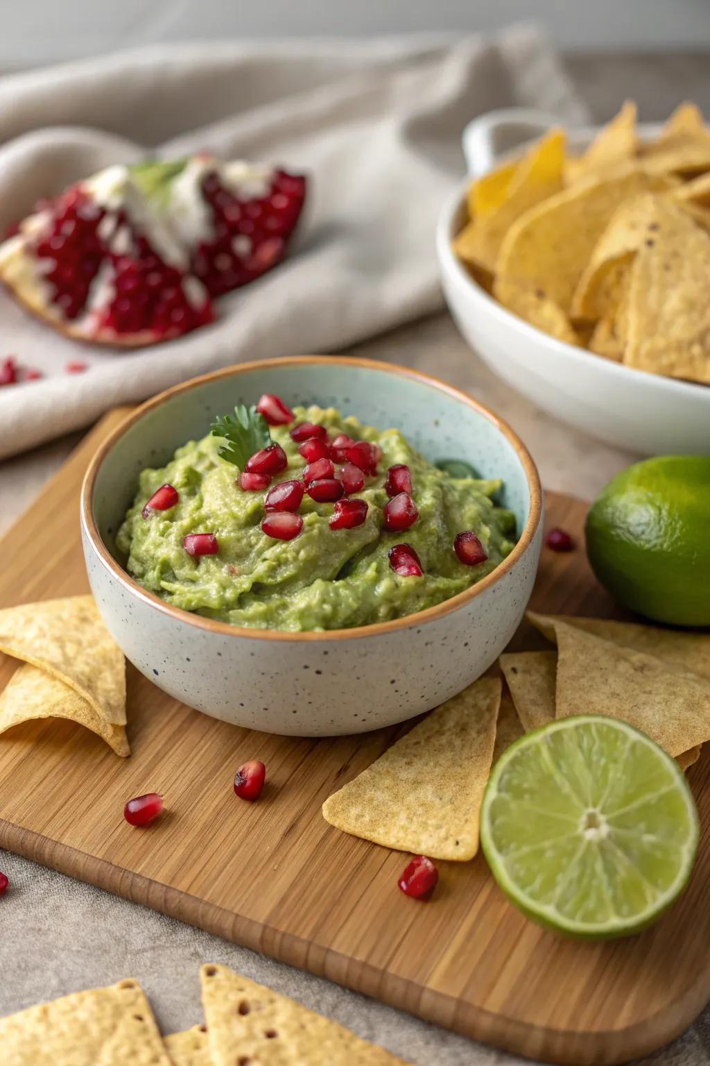 Guacamole with a twist: pomegranate seeds add a pop of color and flavor.