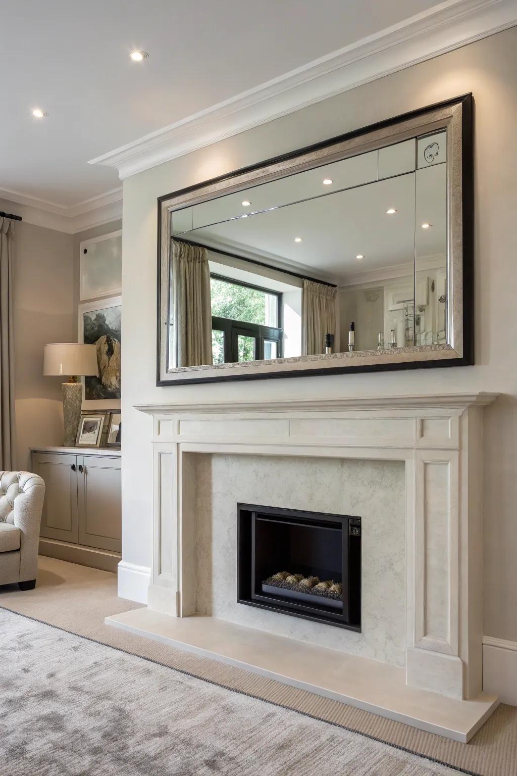An edgeless mirror enhances a minimalist fireplace arrangement.