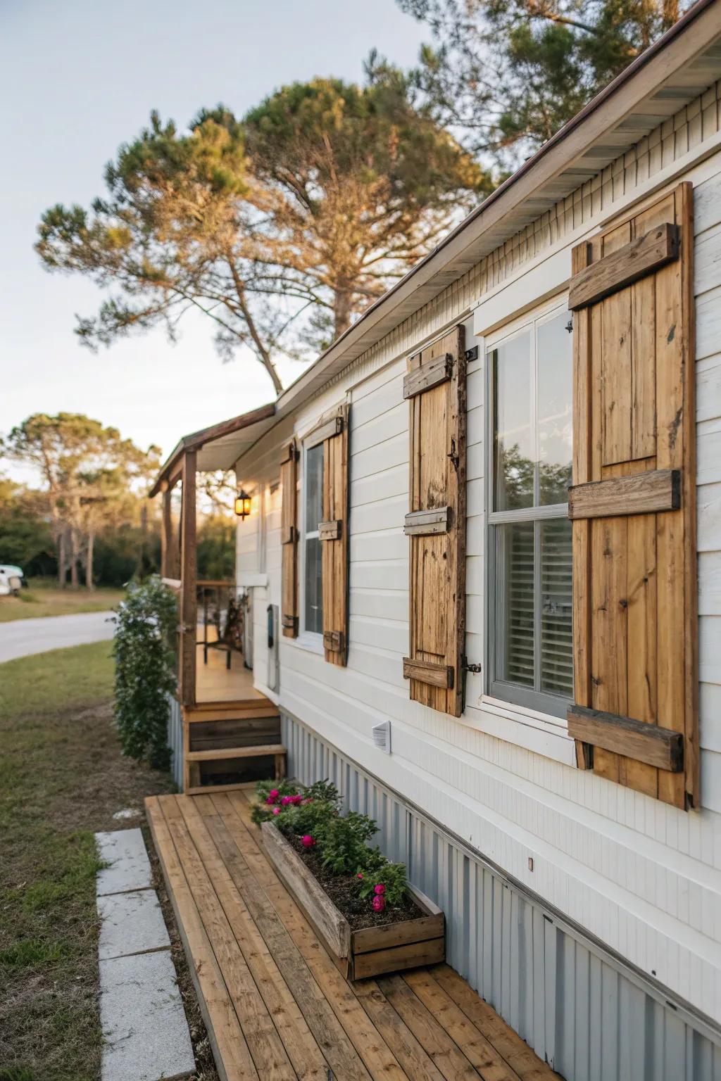 Repurposed wood shutters bringing a rustic vibe to this mobile home.
