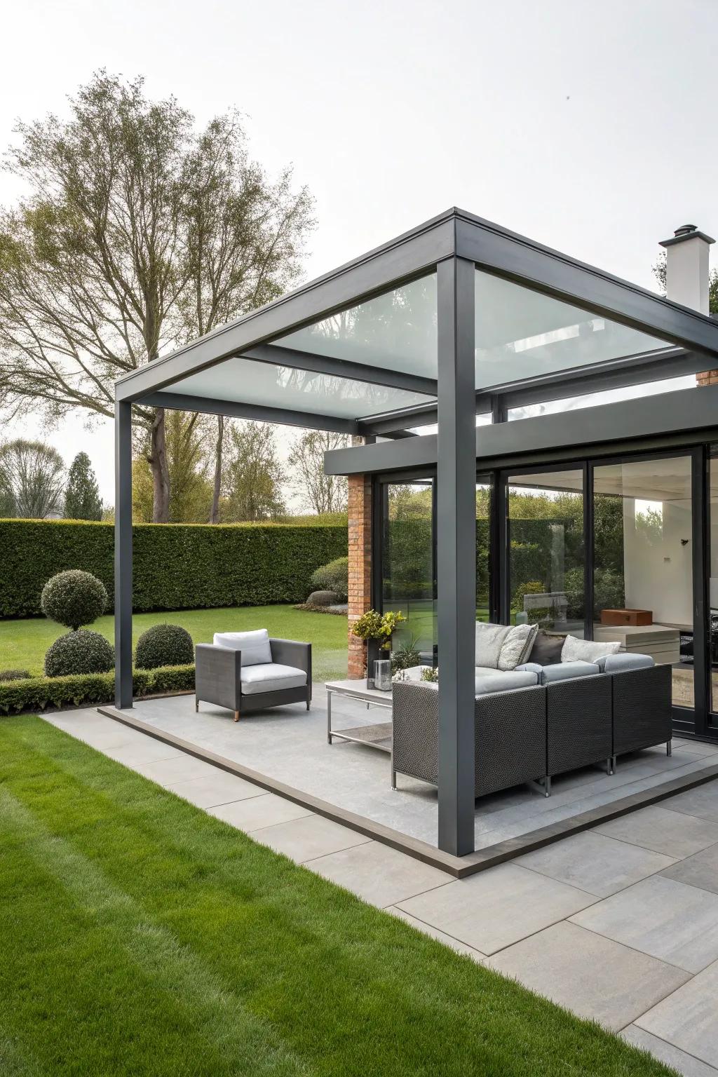 A minimalist steel and glass gazebo blending seamlessly into a modern backyard.
