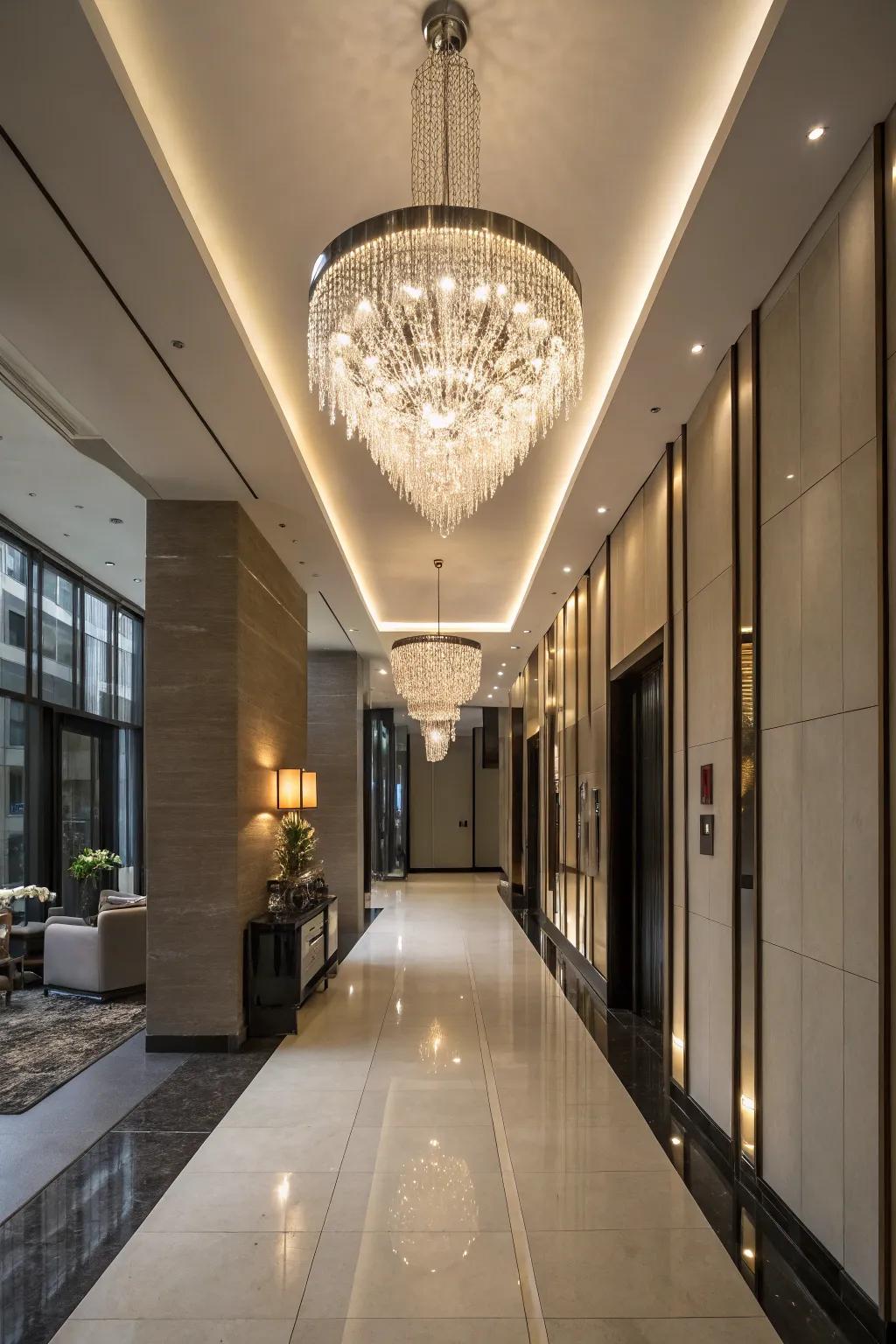 A statement chandelier adds elegance and drama to any hallway.