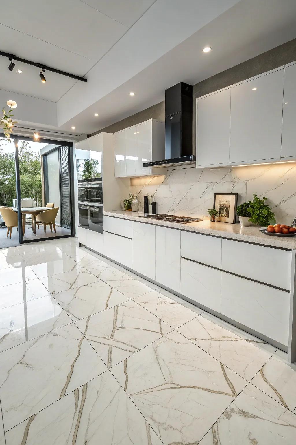 Stylish large format tiles create a sleek, up-to-date kitchen surface.