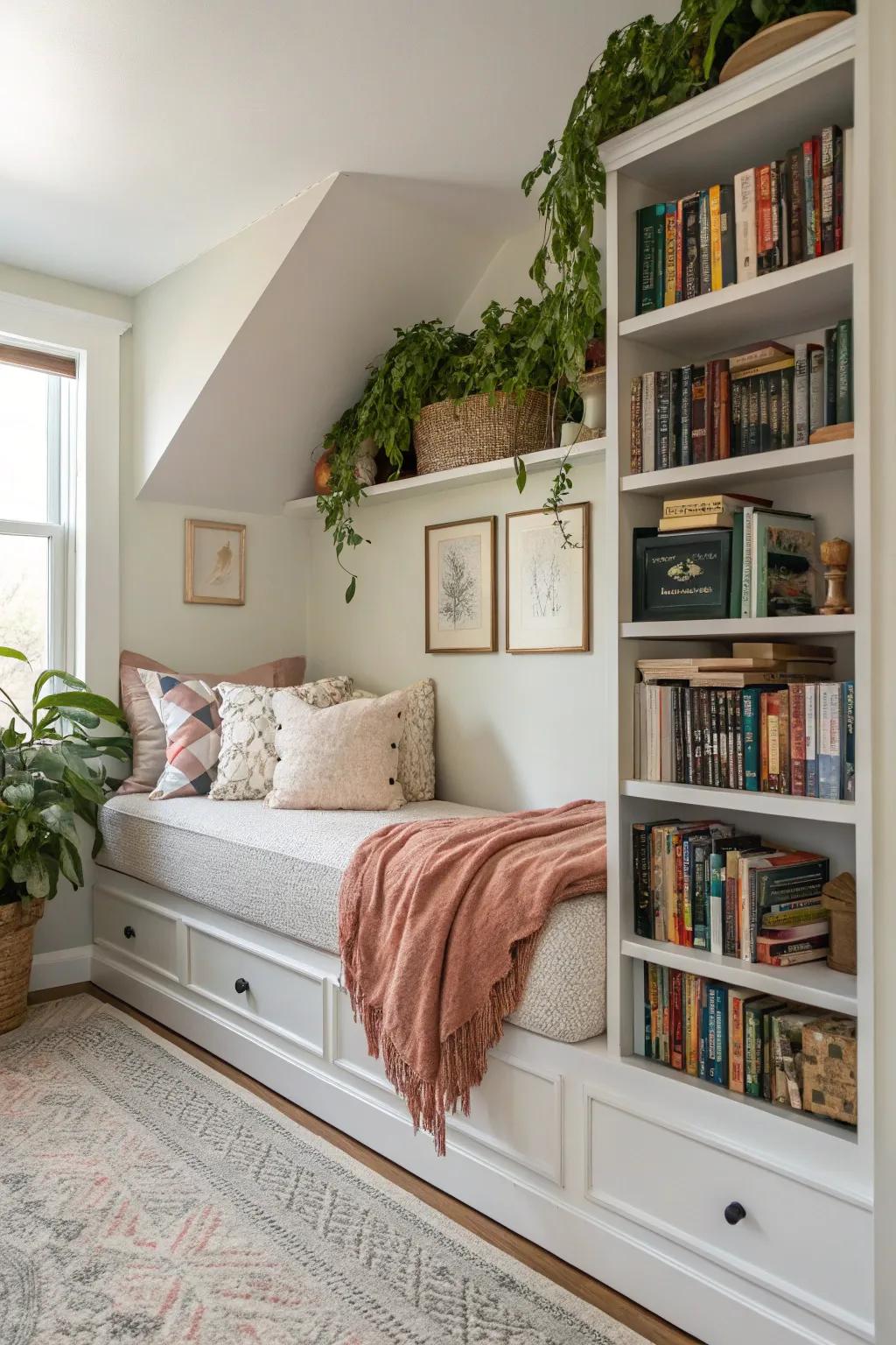 A versatile nook featuring integrated shelves and a daybed, perfect for reading or hosting guests.