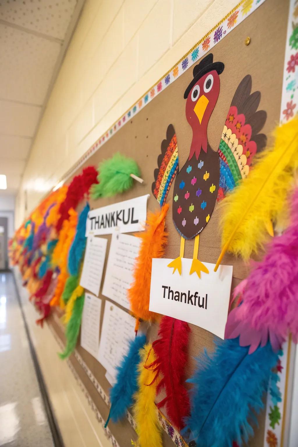 A turkey bulletin board adorned with expressions of gratitude.
