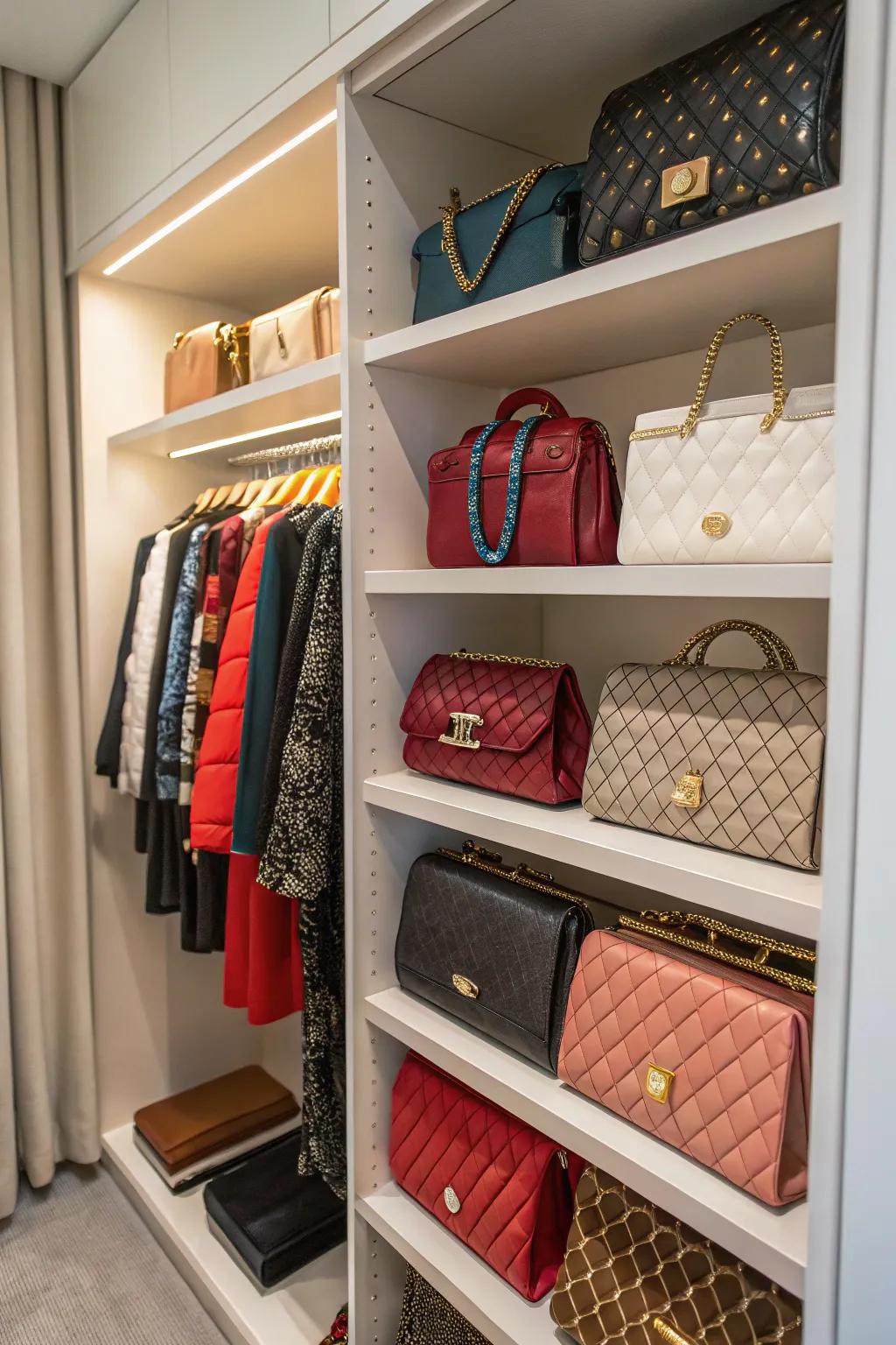 Customizable shelving provides a versatile way to organize your purses.