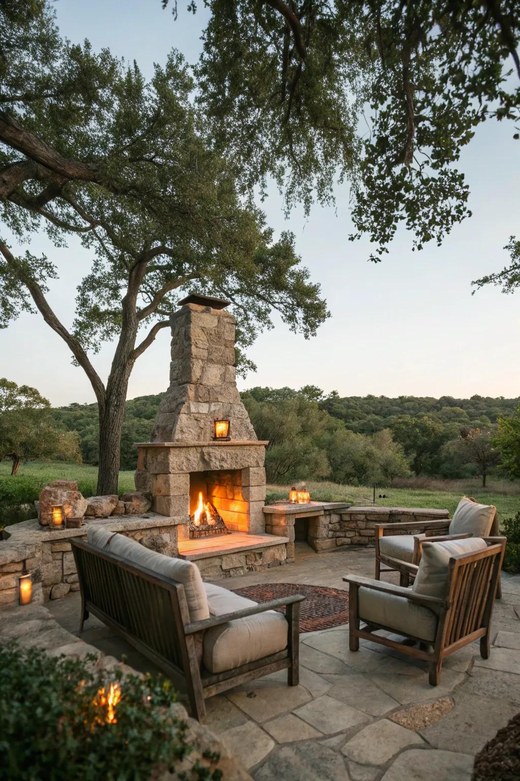 In any garden, a rustic stone fireplace becomes the heart of charm and warmth.