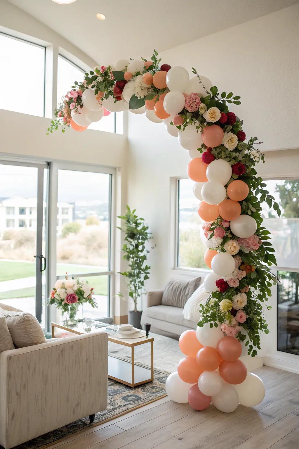 A balloon arch with a floral twist makes for a stunning entrance.