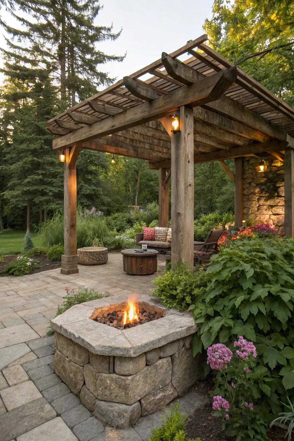 Celebrate the outdoors with a rustic pergola fire pit of wood and stone.