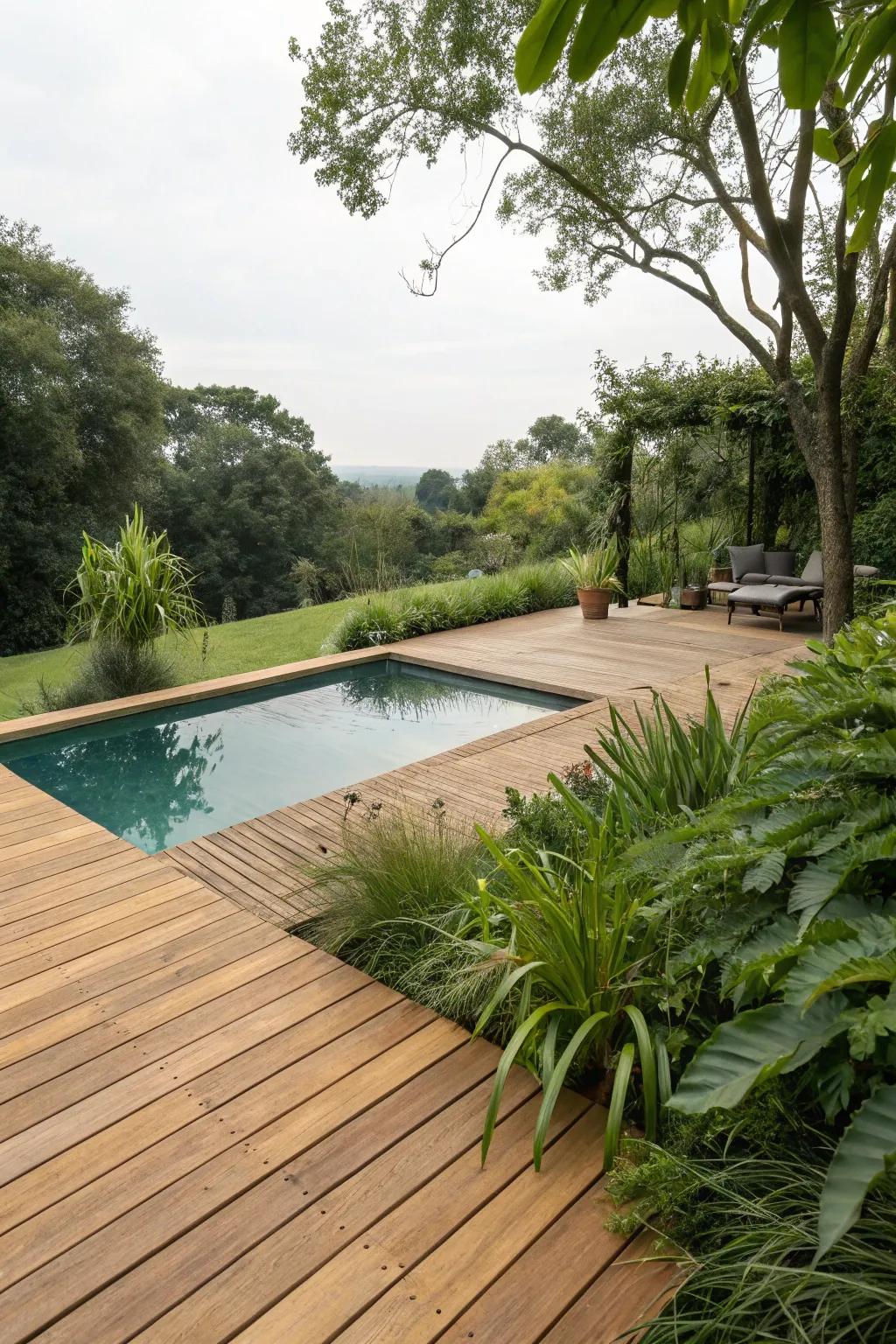 A warm wooden deck adds to the beauty of your pool area.