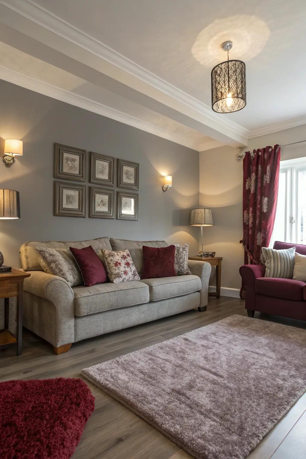 A cozy living room where light grey and deep red create a delicate balance.