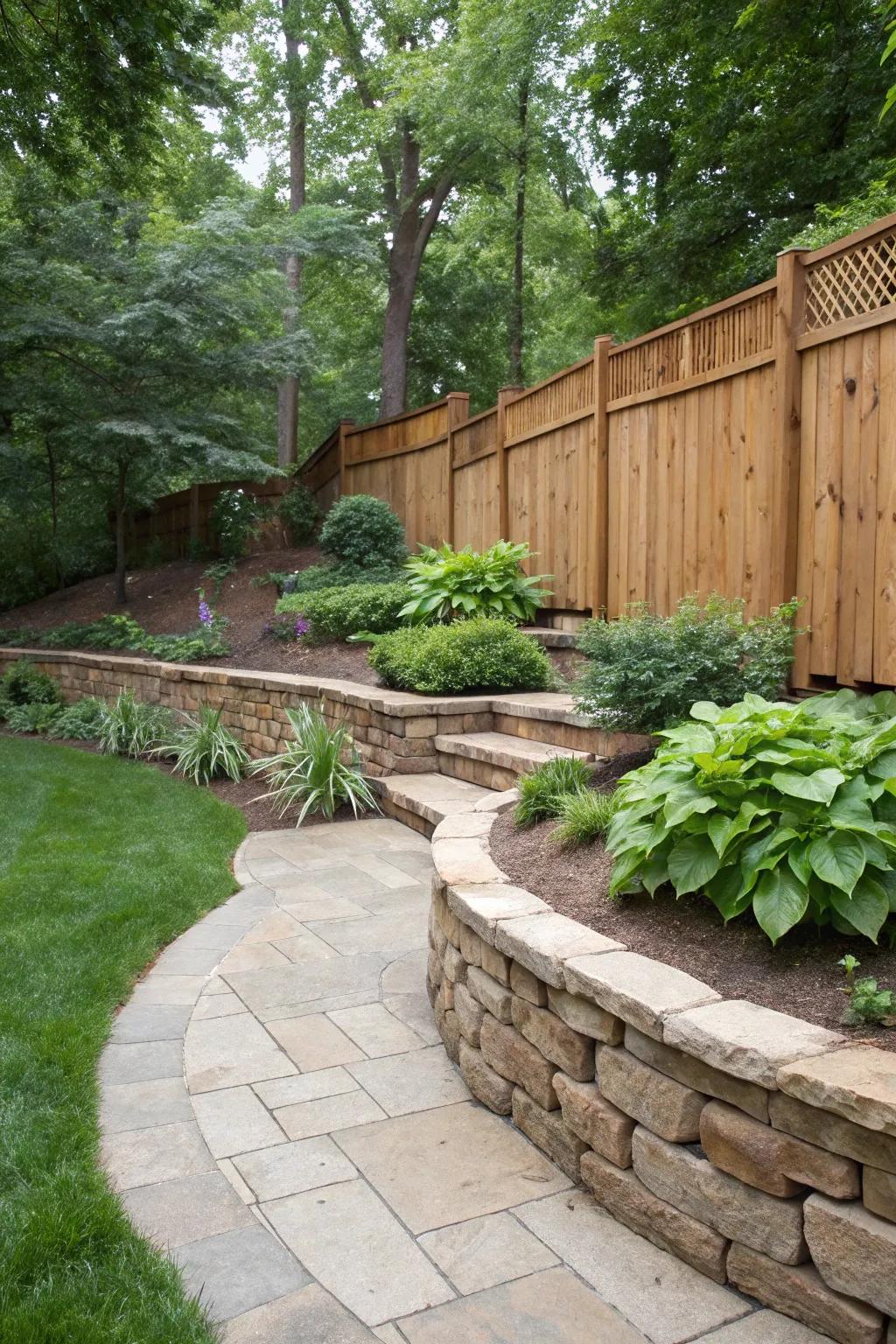A balanced union of wood and stone graces a backyard scene.