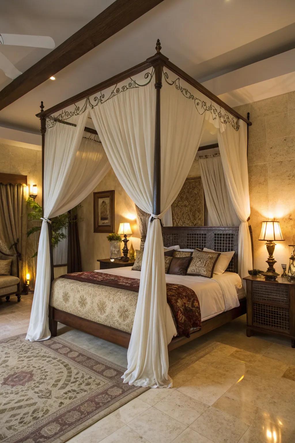 A canopy bed adorned with delicate fabrics, setting a snug and regal mood.