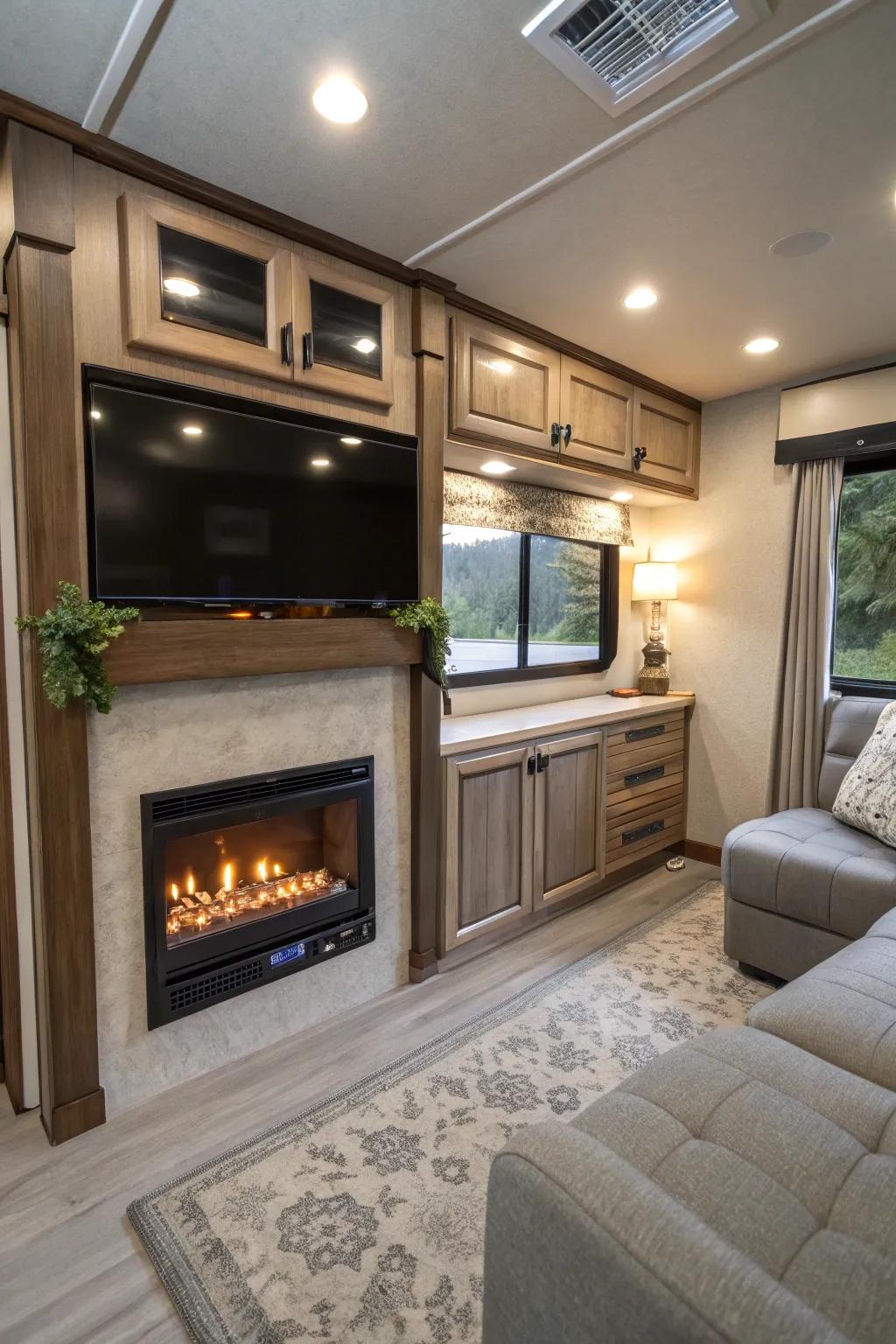 Integrated fireplace nestled within an RV media hub.