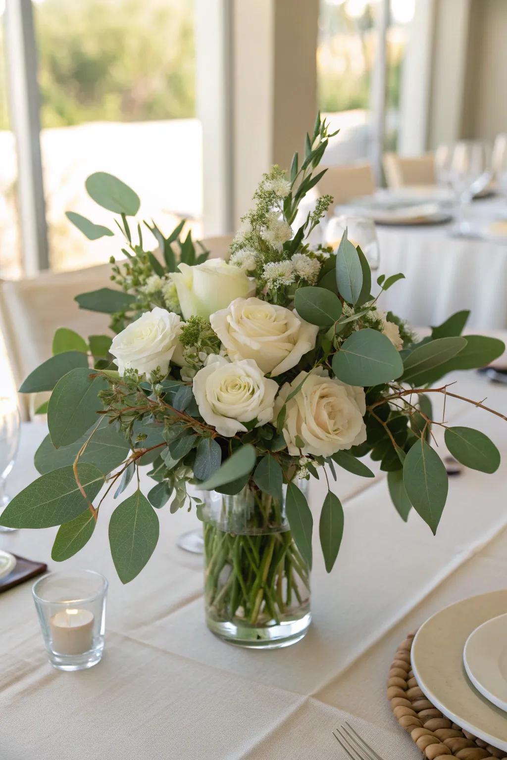 A classic combination of sage green leaves and white flowers that exudes elegance.