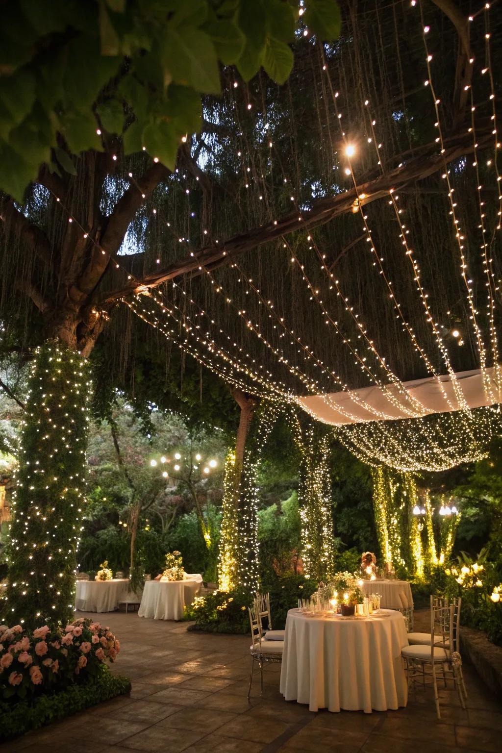 An outdoor area aglow with captivating fairy lights.