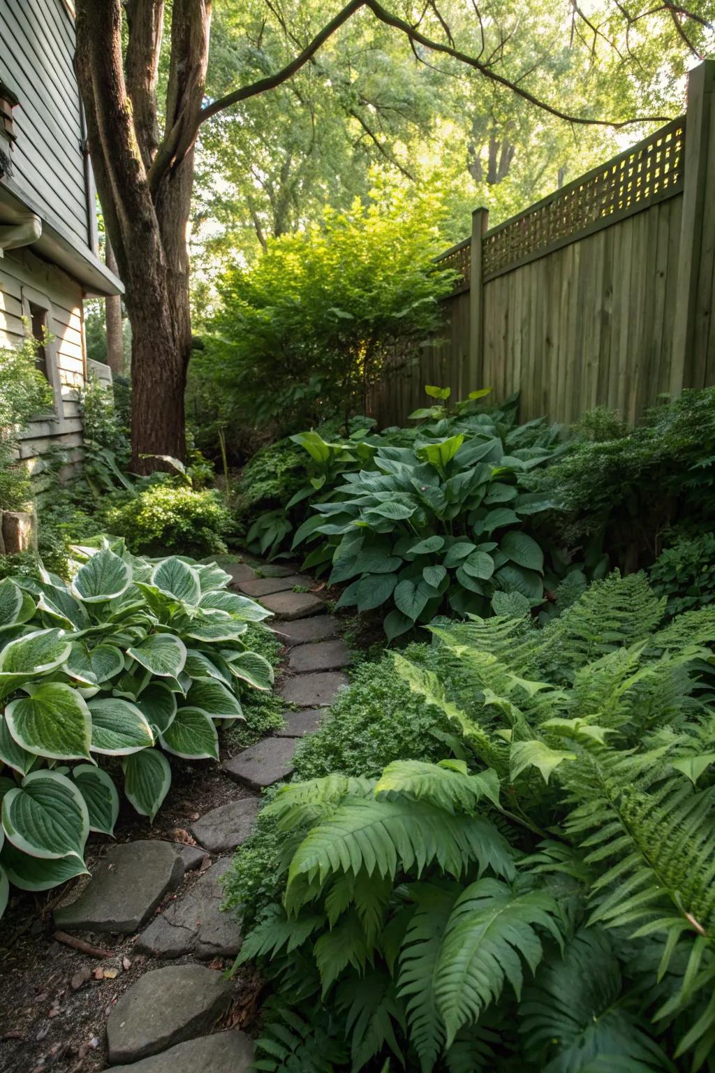 Hostas and ferns create a vibrant green oasis in the shade.