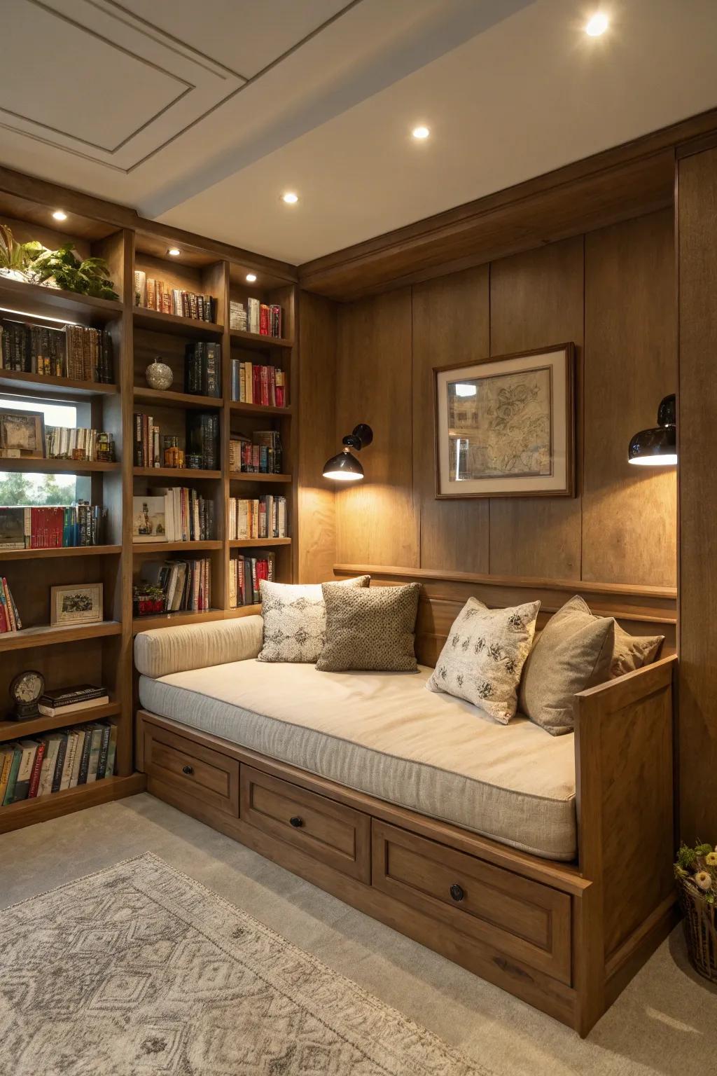 Design a snug reading nook in your she shed, complete with built-in bookshelves and a comfy daybed.