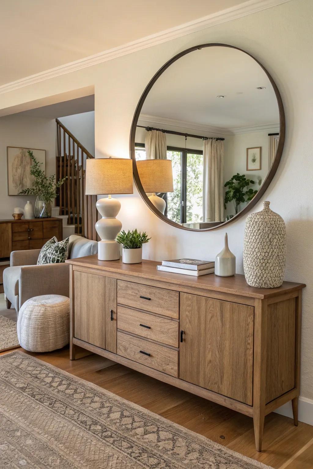 A sideboard looks amazing with a large, circular mirror, which adds depth and light to the cozy setting.