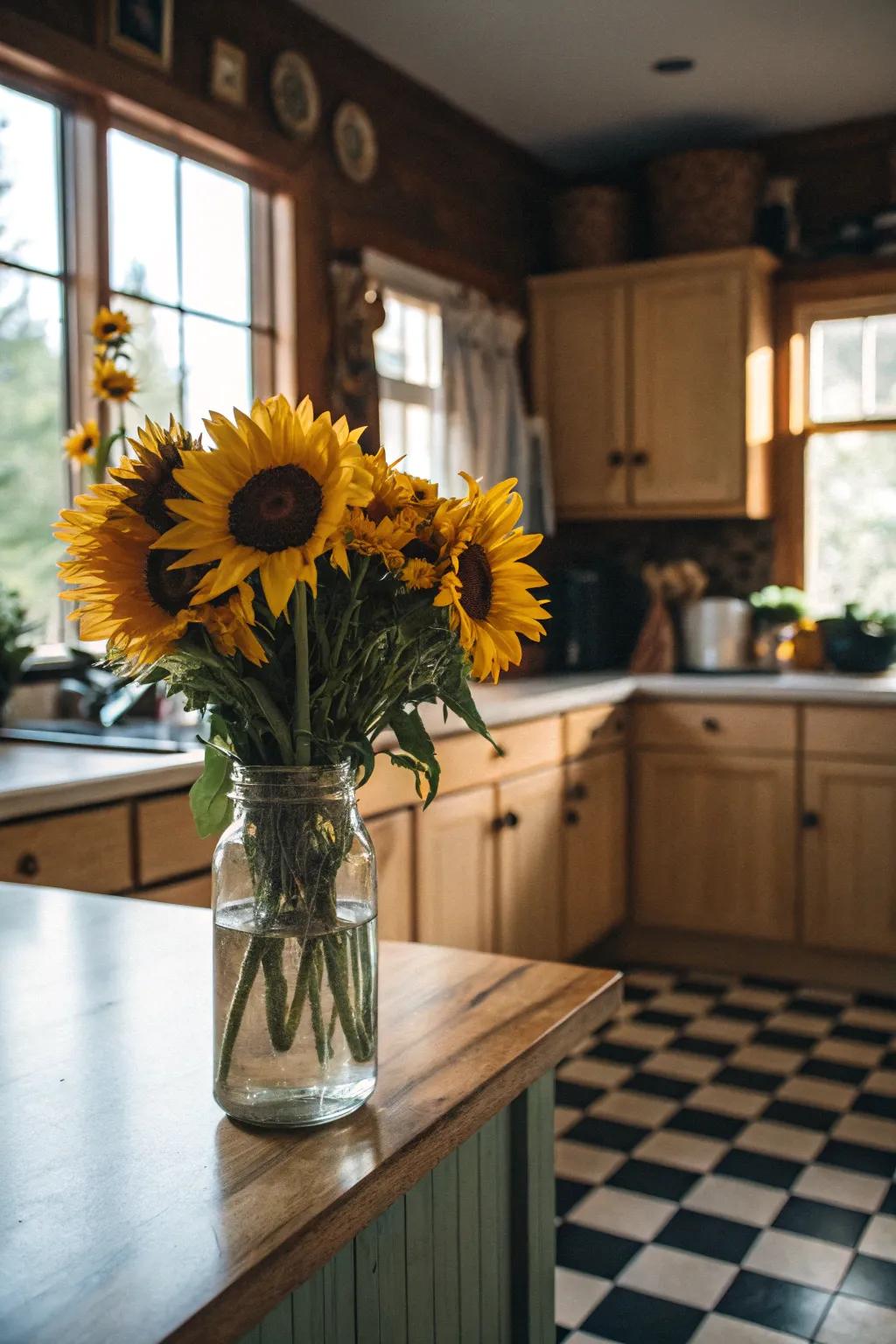 Sunflowers in a mason jar bring rustic charm to any kitchen.