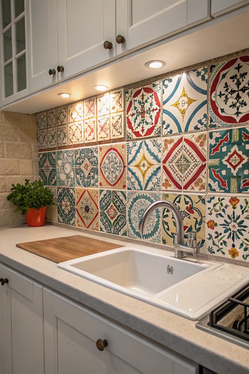 A lively backsplash showcasing intricate patterned tiles, giving the kitchen some personality.