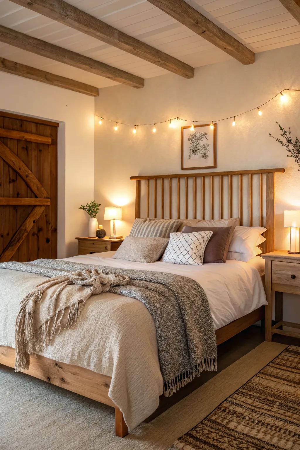 A calming bedroom featuring a wood slat headboard that adds warmth and texture.