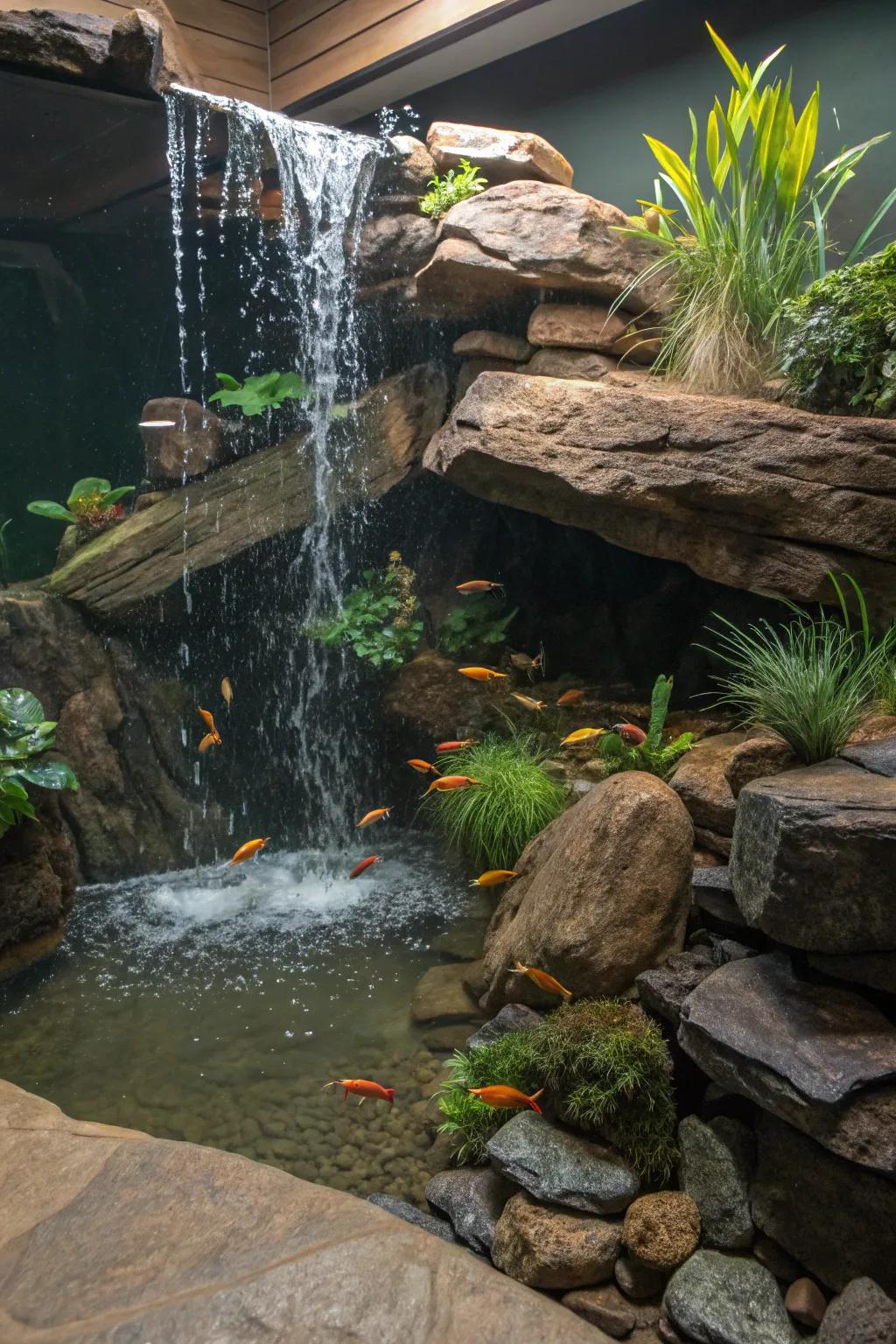 A serene stone waterfall graces a home aquarium.