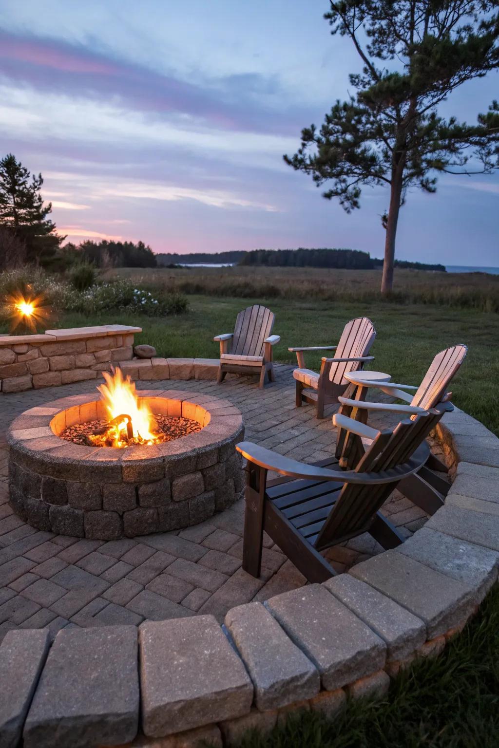 A traditional circular stone bonfire spot complemented by country chairs, radiating a timeless charm.
