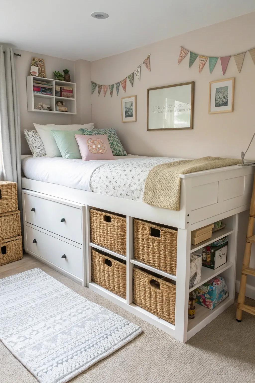 A small bedroom featuring a bed with built-in storage for maximizing space.