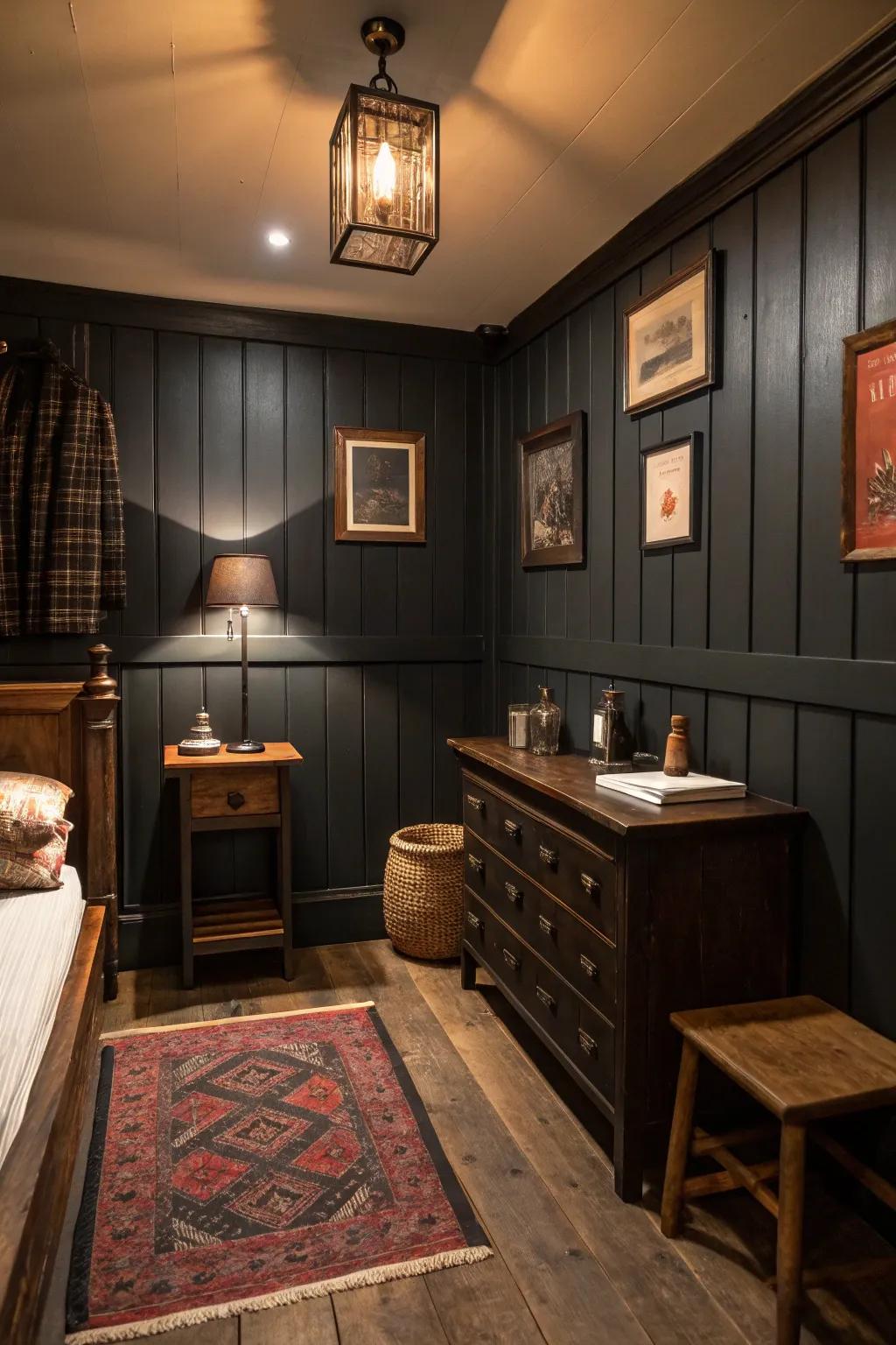 Dark tones create a cozy and sophisticated atmosphere in this small cigar room.