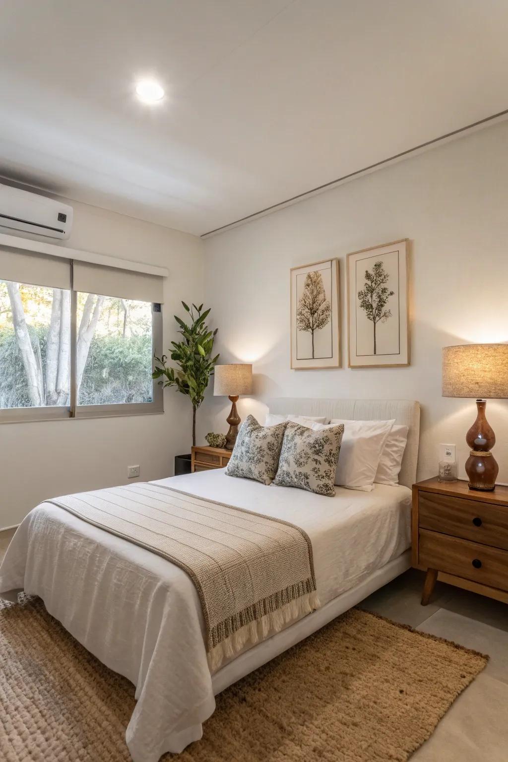 Minimalist decor in a small master bedroom enhances space and tranquility.