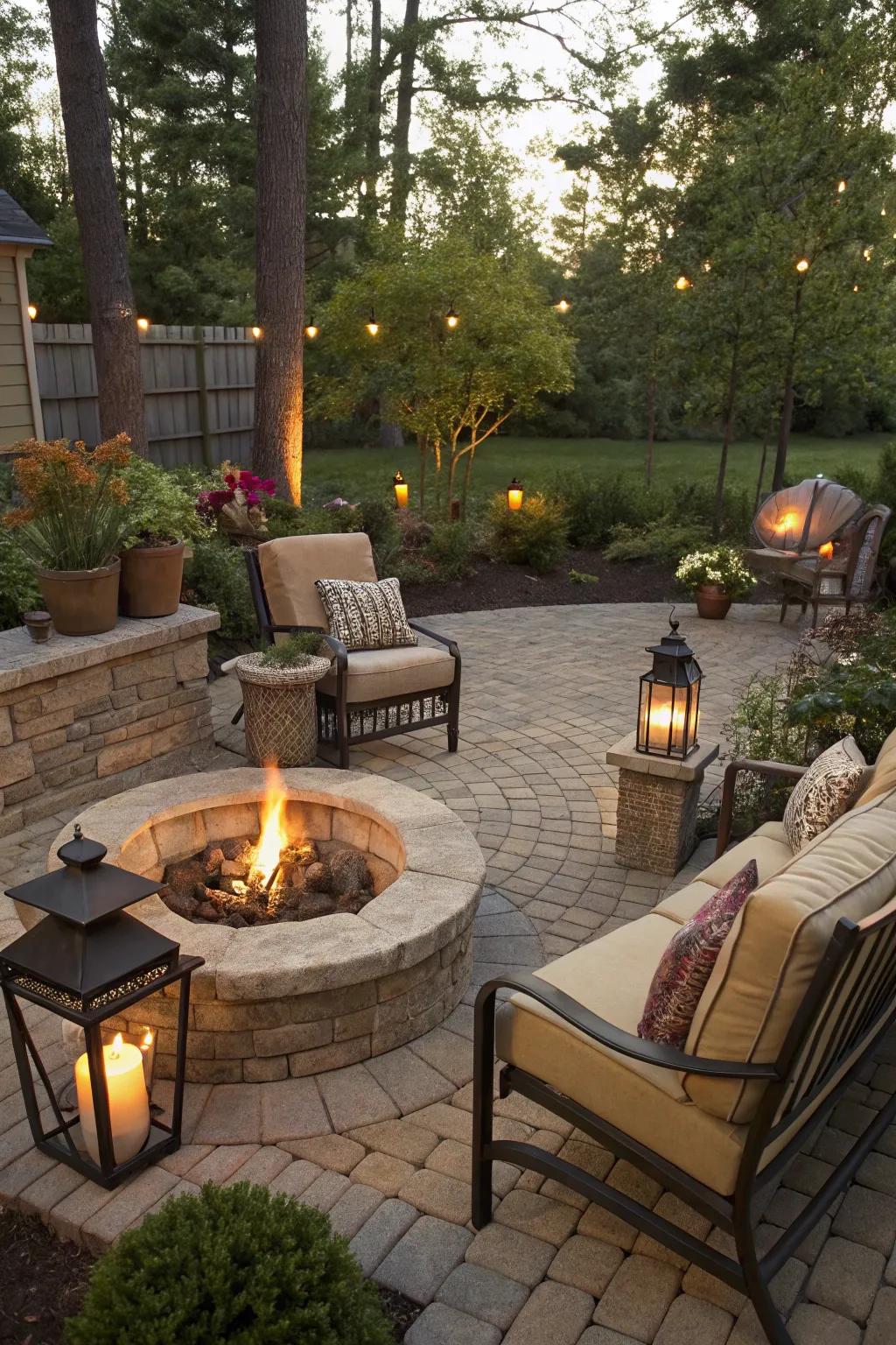 A compact patio with a warm and inviting fire pit setup.