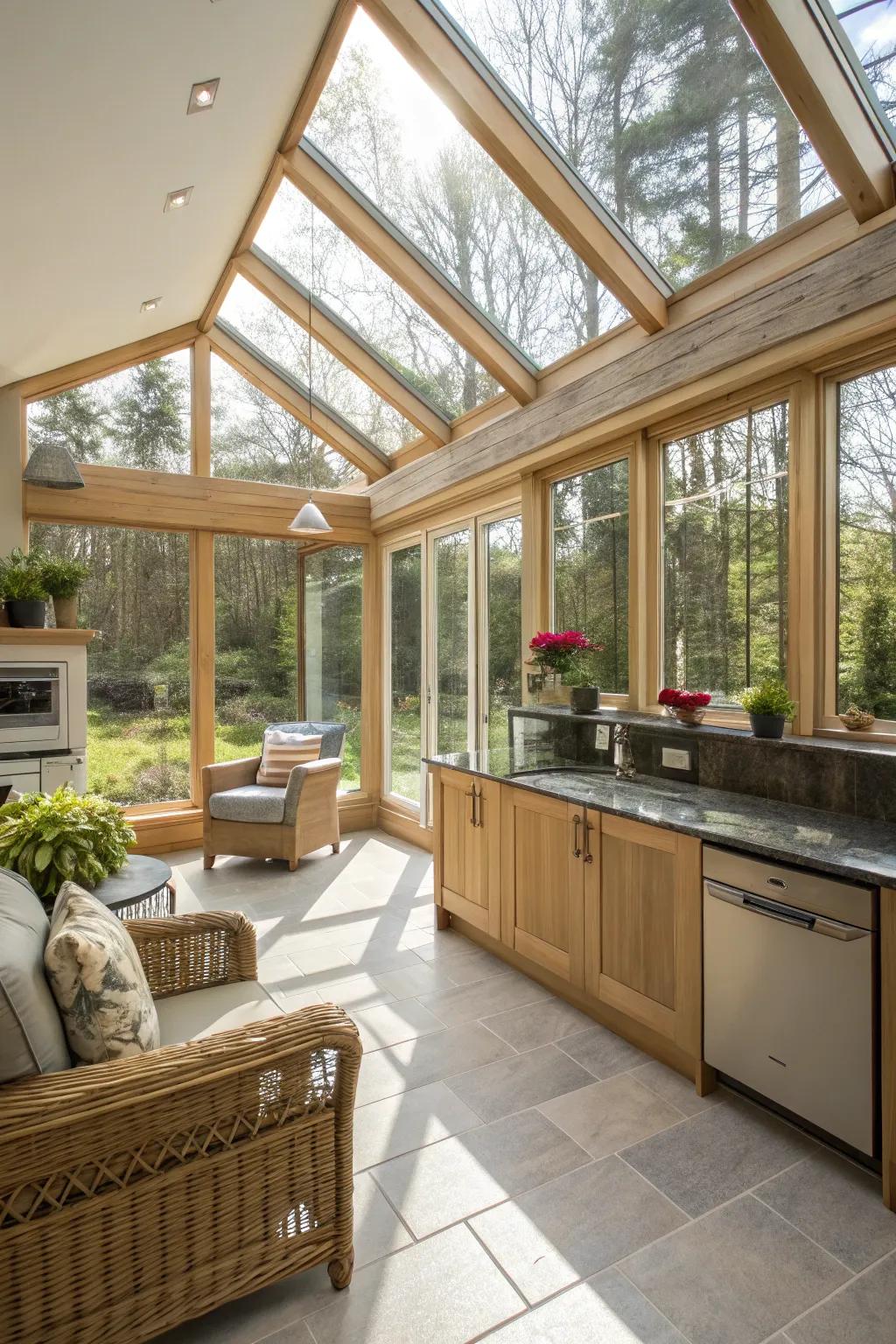 Large windows create an open and airy sunroom atmosphere.