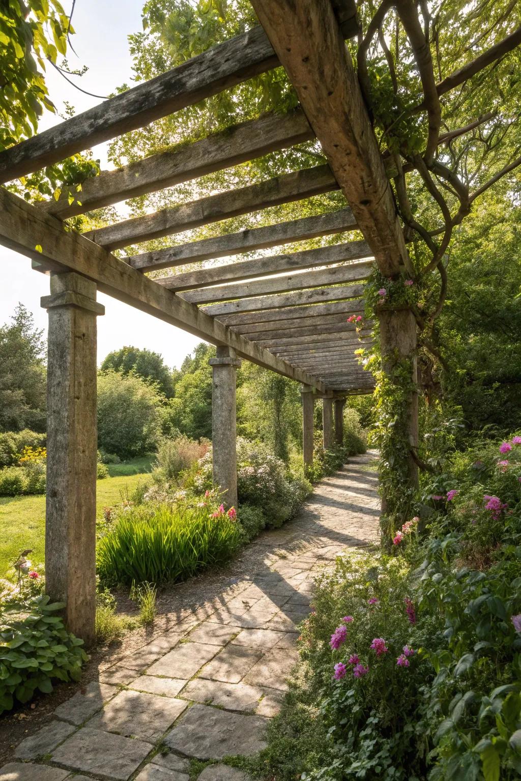 Earthy timber framework fashions an ageless Spanish pergola.