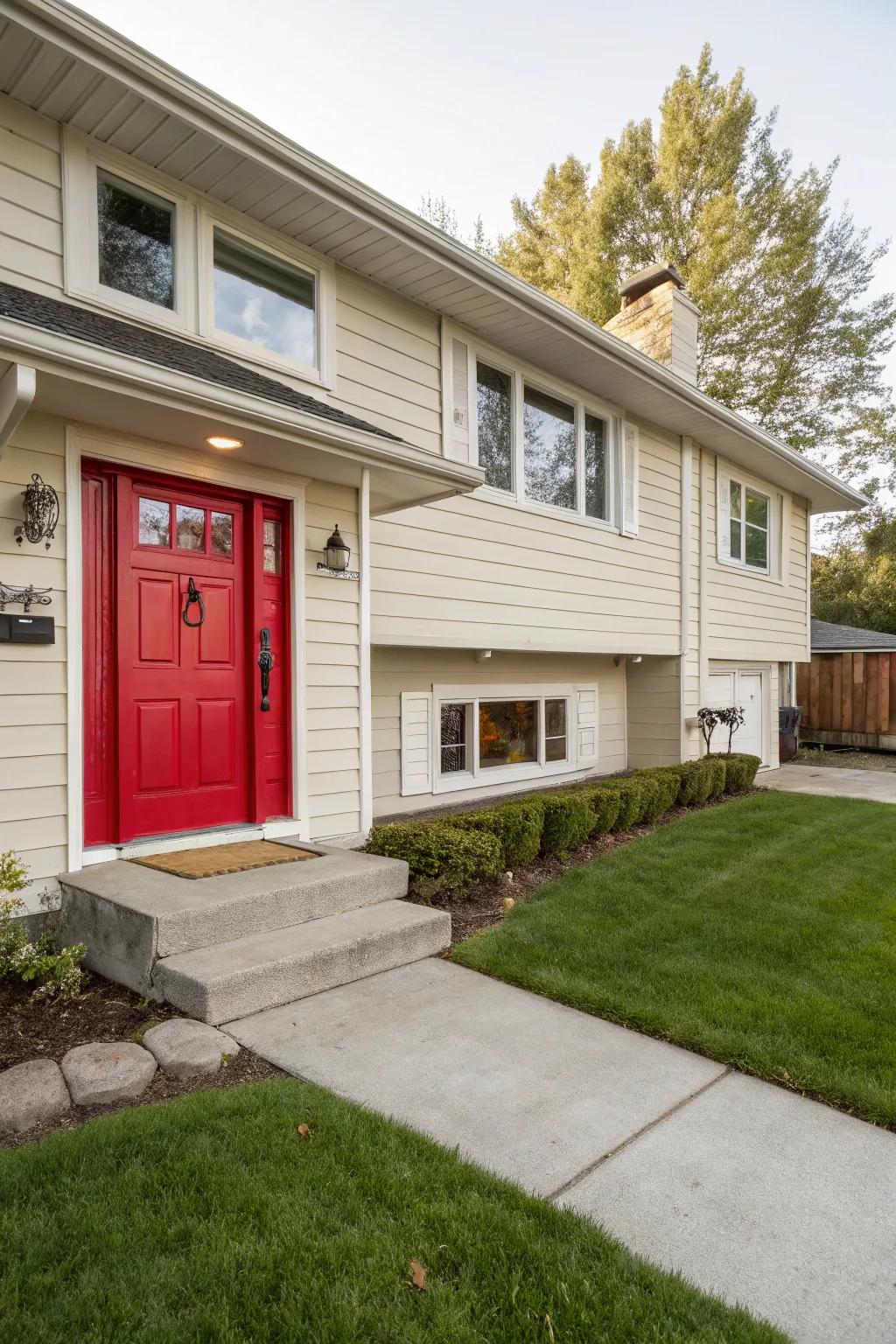 A bold red front door adds a striking focal point to this split level home.