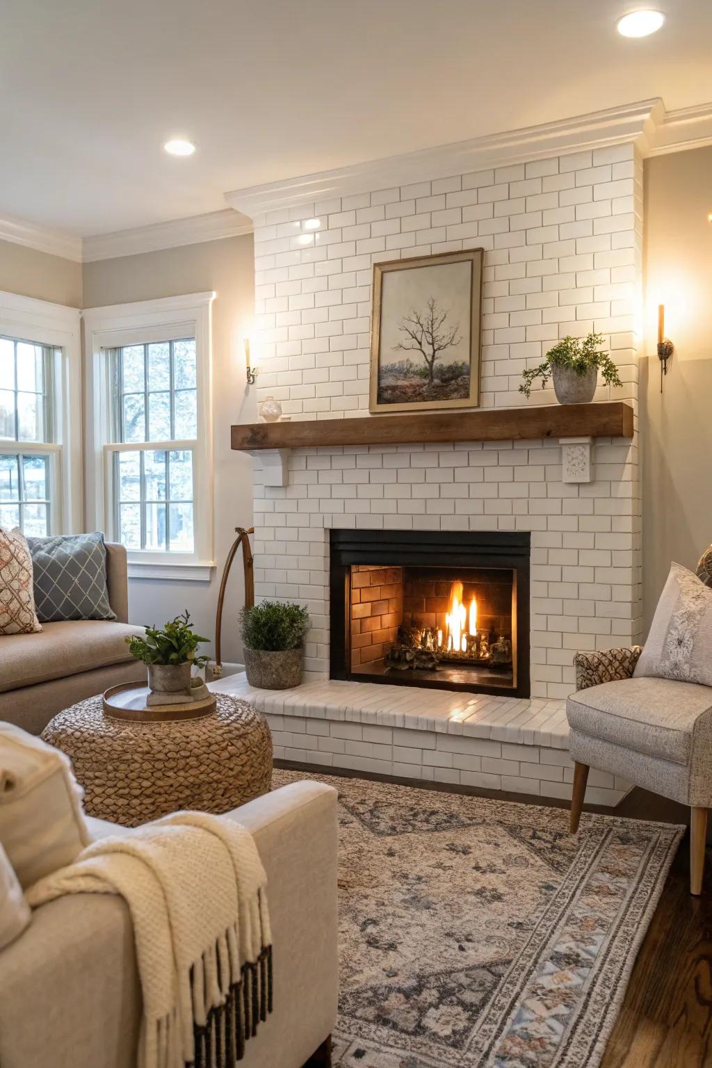 A classic white subway tile fireplace brings timeless elegance to any room.