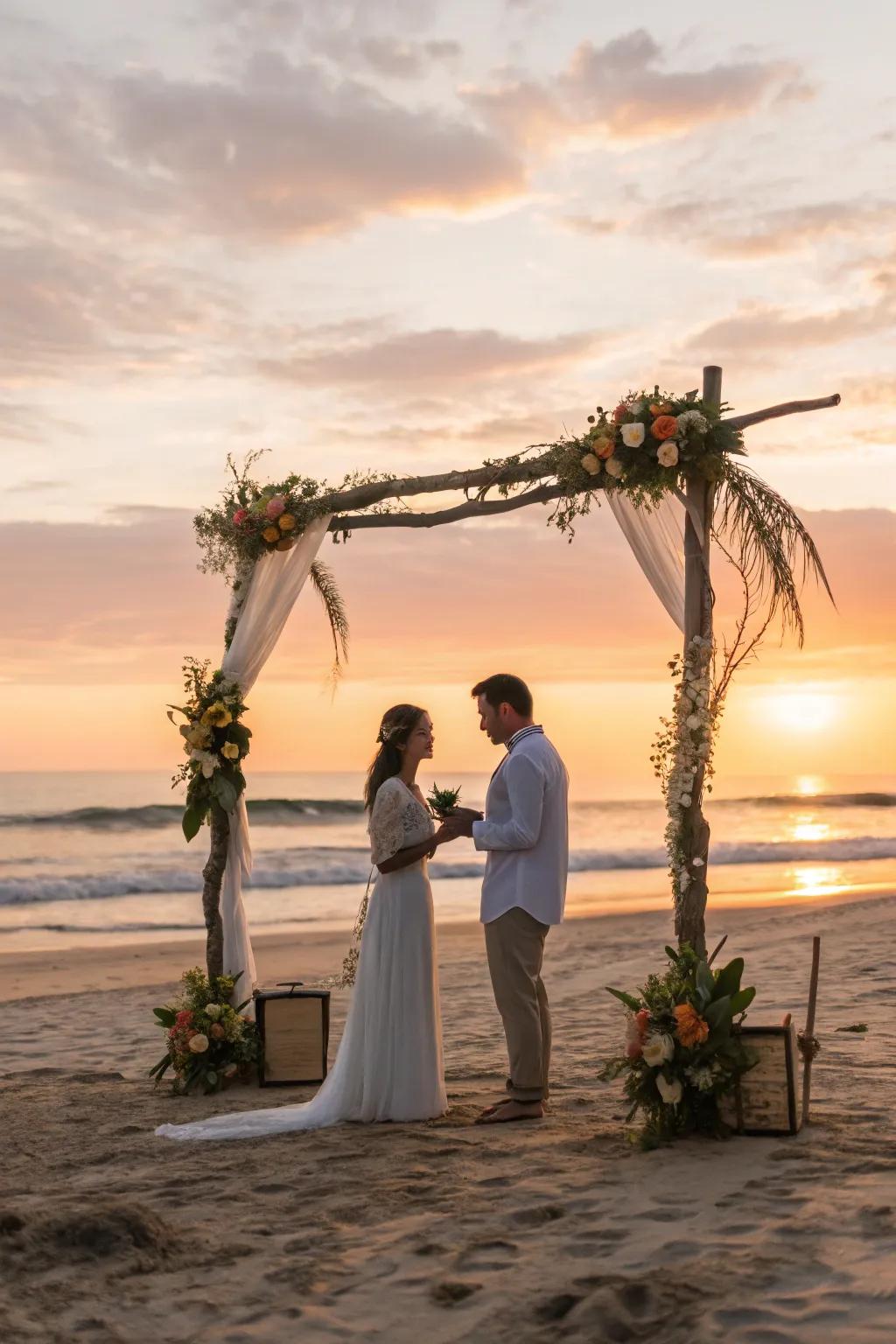 An intimate ceremony on a sandy beach, framed by a simple floral arch.