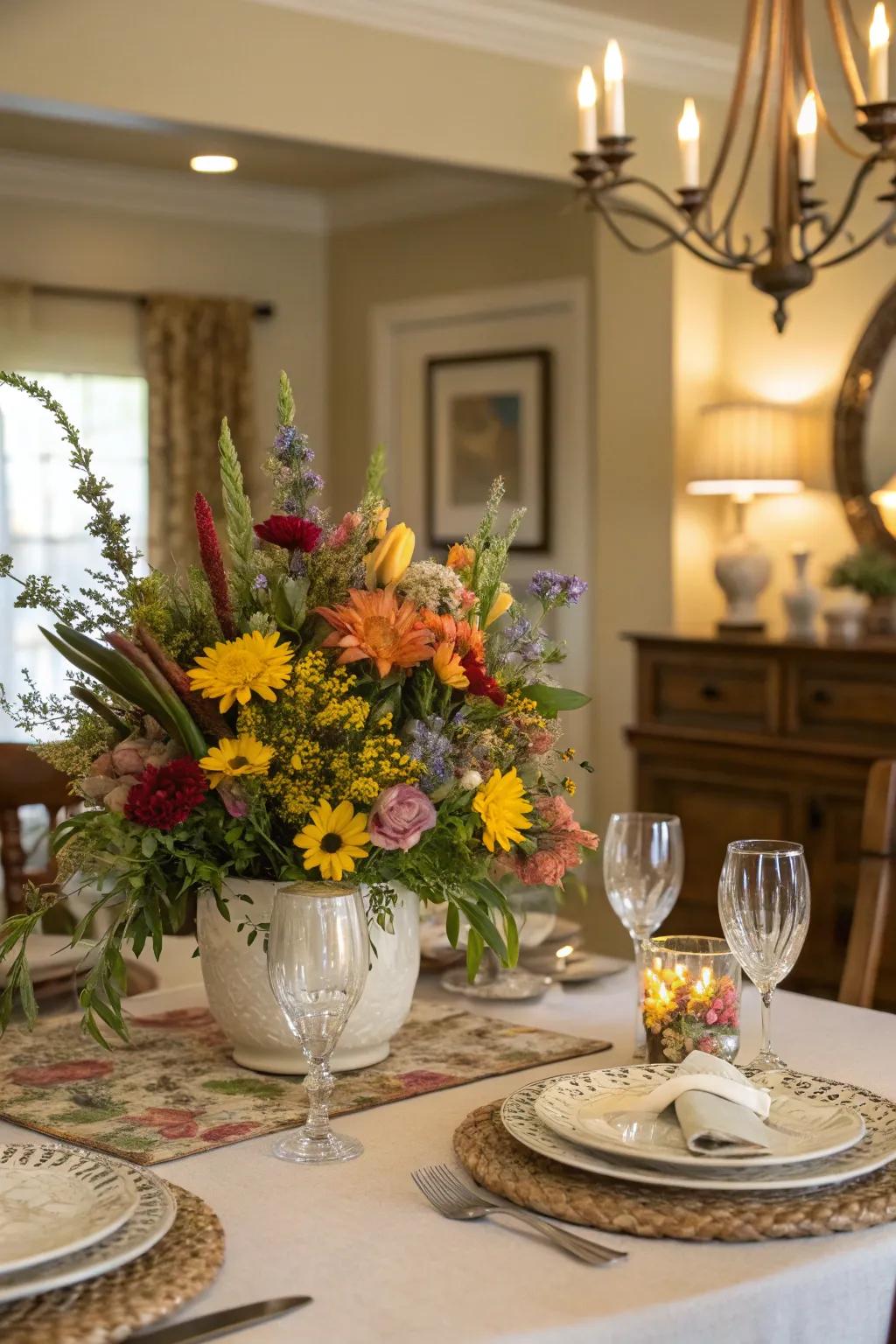 A floral-themed table setting with vibrant wildflowers as the centerpiece.