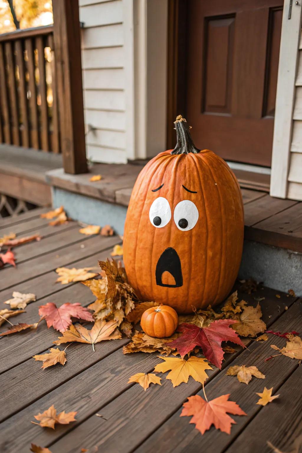 A tall pumpkin with an astonished expression adds a touch of lightheartedness to any setting.