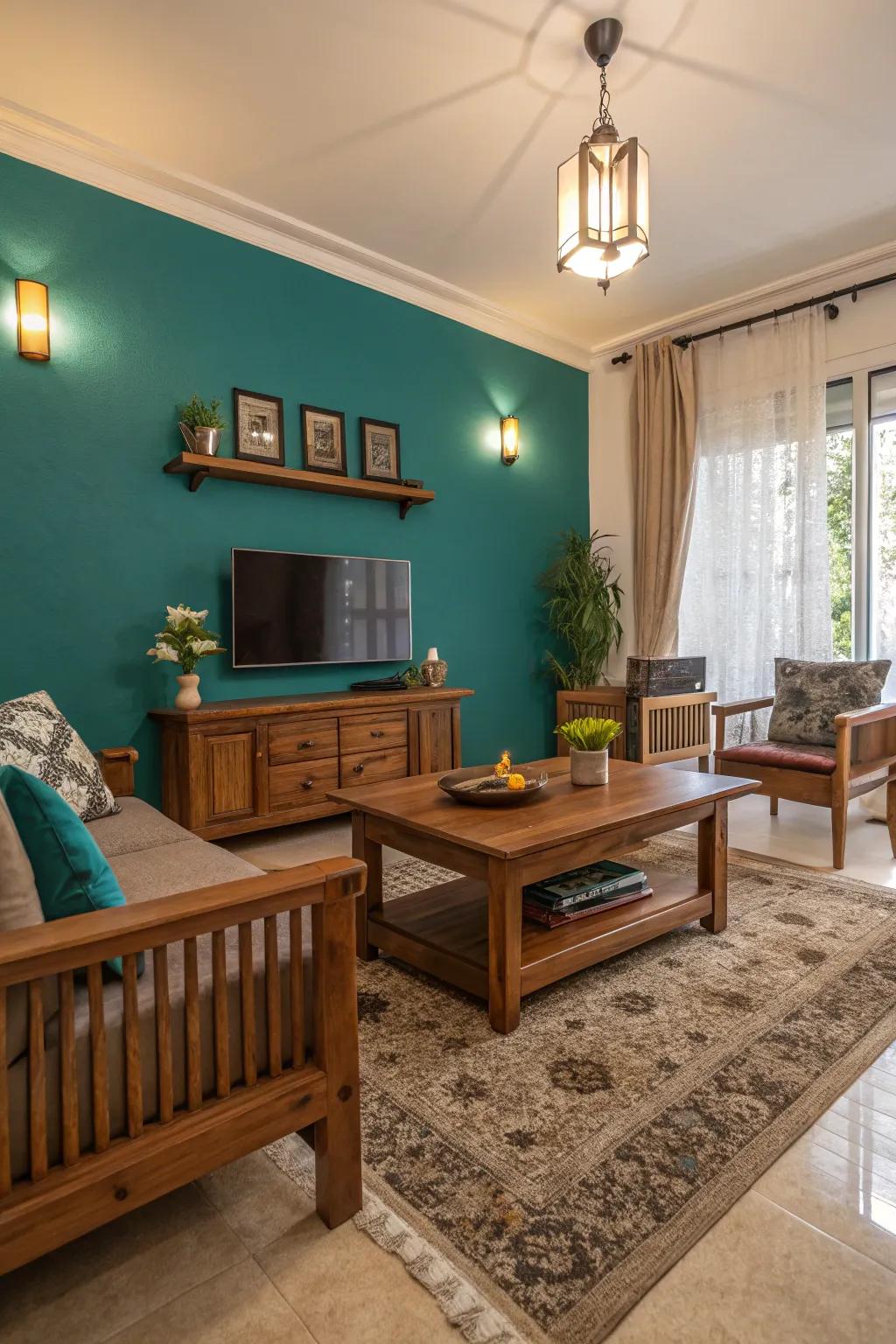 Living room with a teal accent wall complemented by wooden furniture.