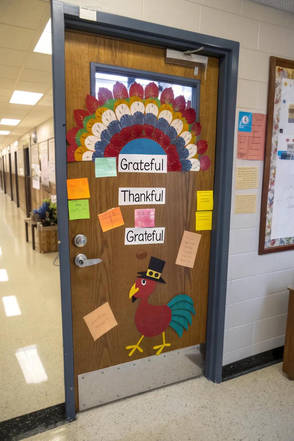 A Thankful Turkey door display with feathers featuring students' messages of gratitude.