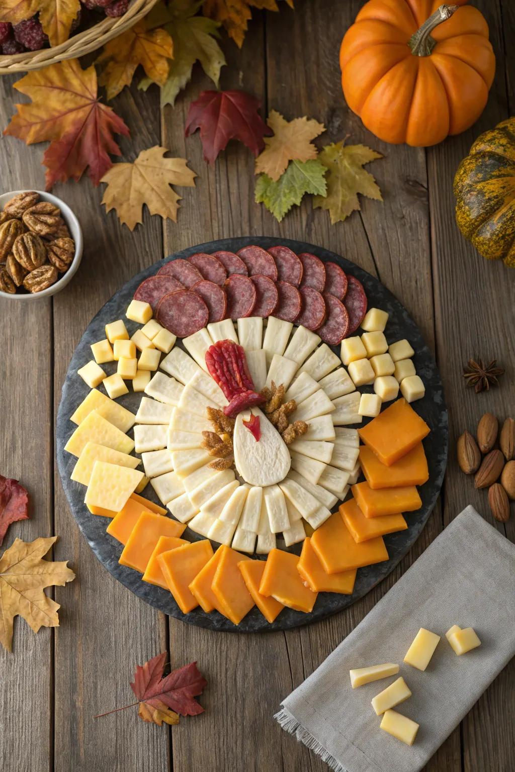 A turkey-shaped cheese platter is perfect for Thanksgiving feasts.