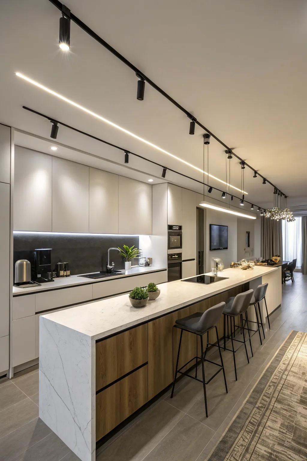 Linear track lighting enhancing a contemporary kitchen countertop