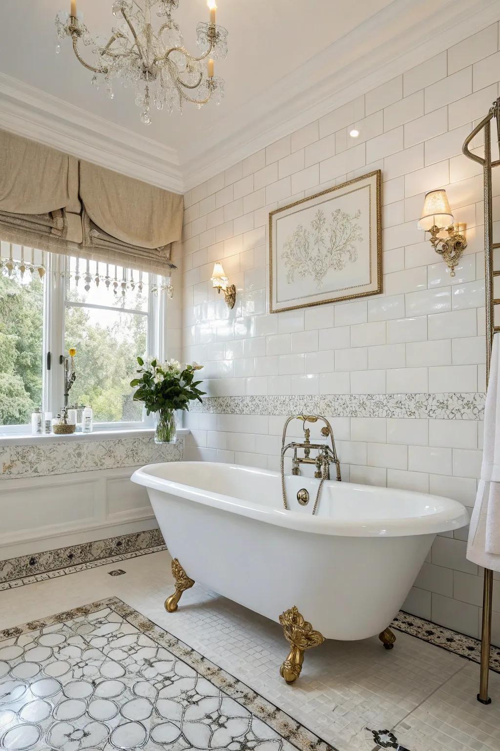A stylish white bathroom showcasing a stand-alone claw-foot tub as its focal point.