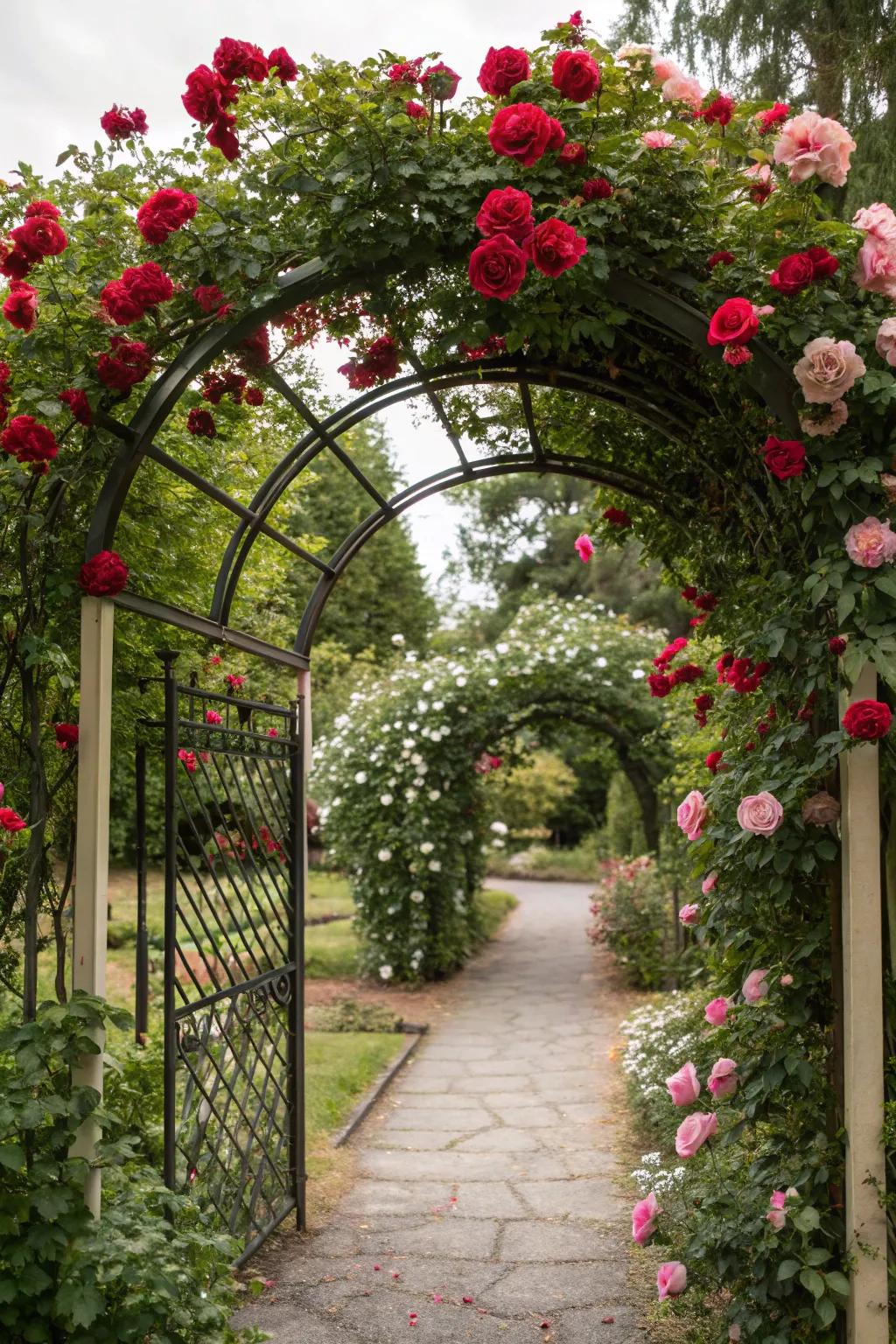 Design a romantic garden gateway using an arched trellis.