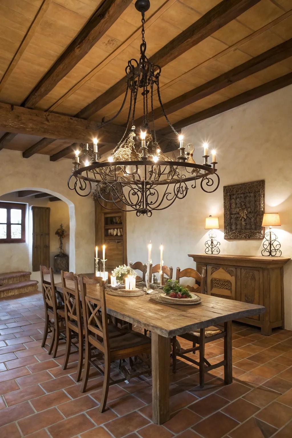 Hand-forged iron chandeliers evoke classic charm.