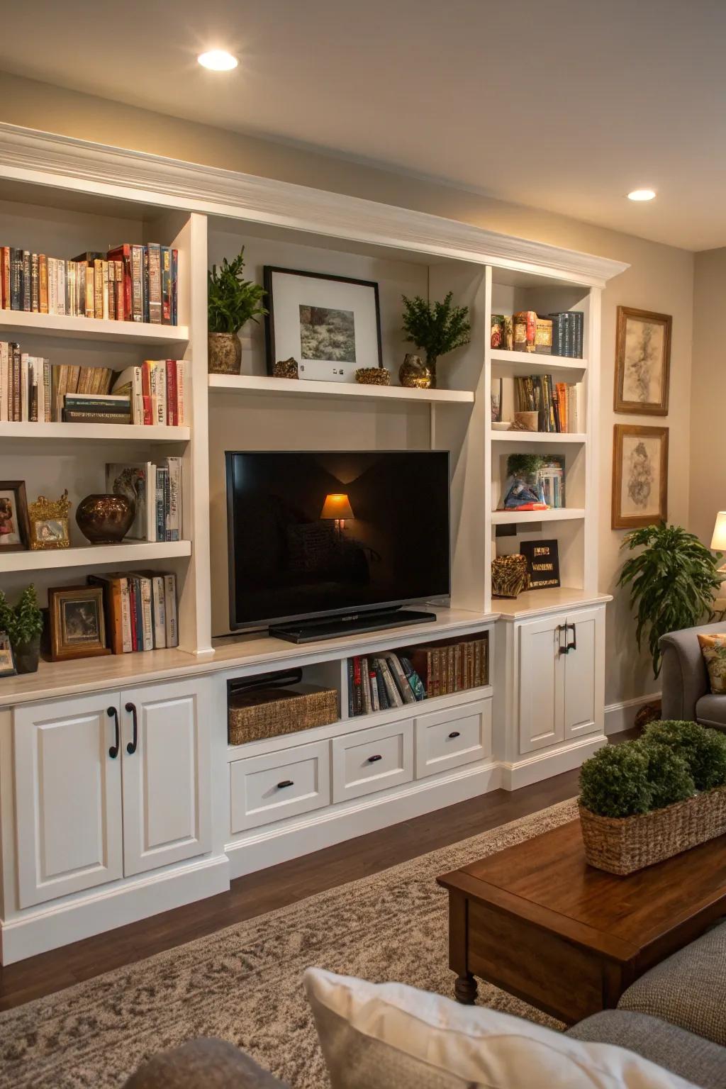 A cozy living room featuring a TV with built-in shelving.