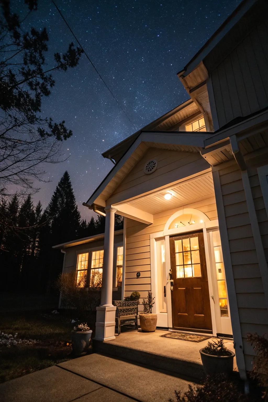 A warmly lit entrance creates a welcoming ambiance for guests.