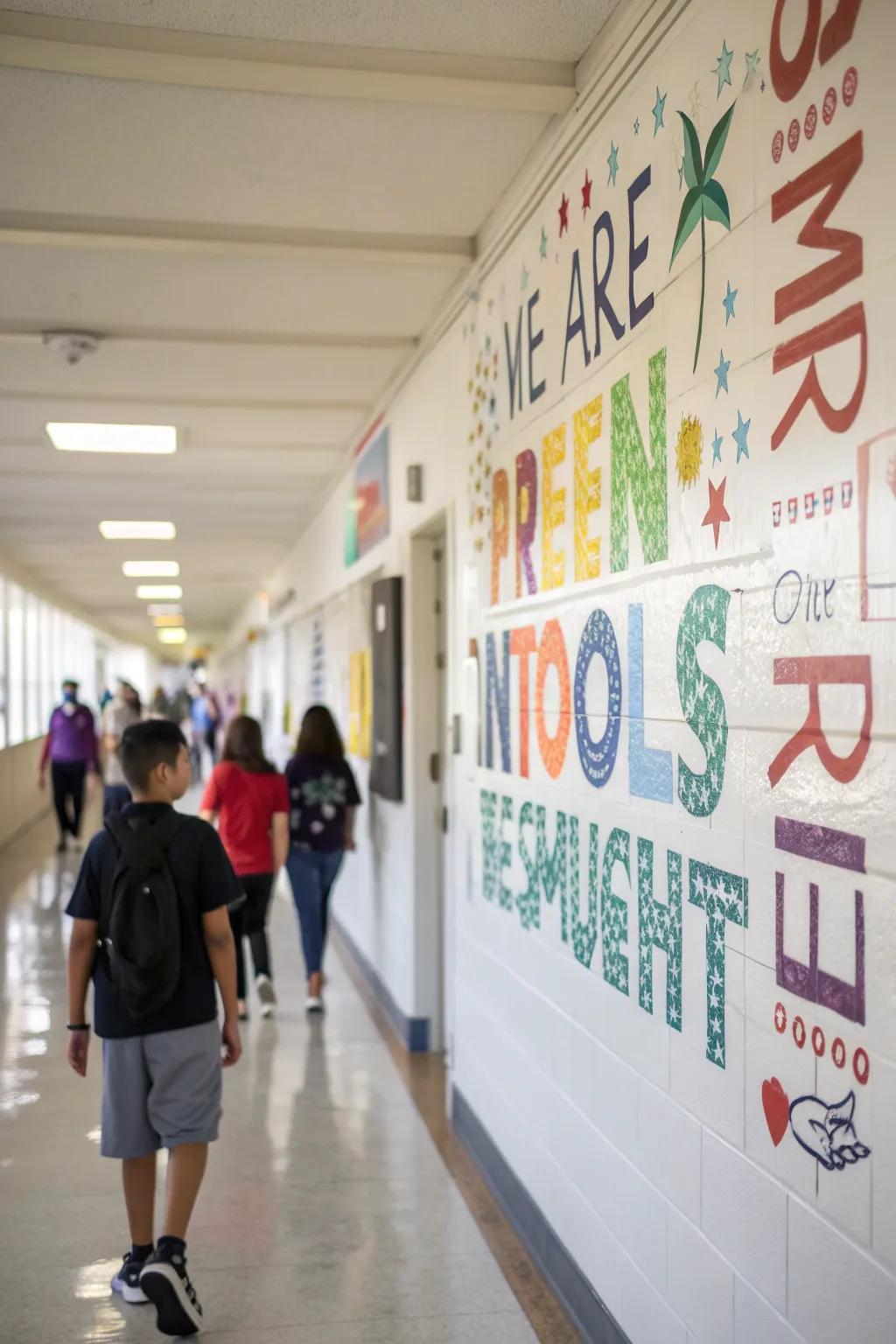 A wall filled with inspirational quotes that motivate students as they walk by.